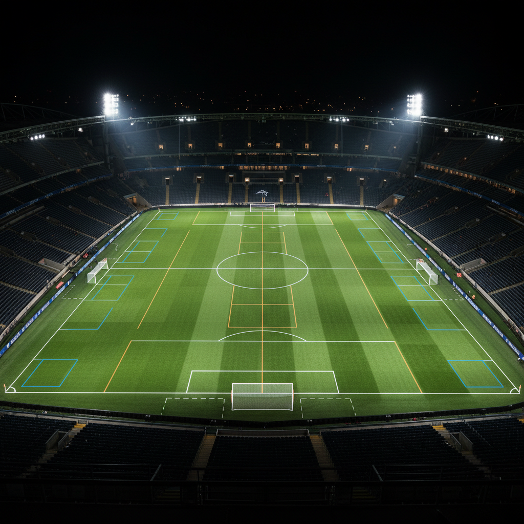 An ultra-realistic night-time view of a floodlit professional football stadium seen from a high tactical camera angle, as if from an analyst’s gantry. The immaculate pitch below is divided by faint, glowing overlay lines suggesting zones, passing lanes and pressing triggers, subtly integrated into the grass texture. Stadium seating forms a dark, unobtrusive backdrop, with only small pools of light from corporate boxes hinting at spectators. Cool white floodlights bathe the pitch, casting long, elegant shadows from the corner flags and goalposts. The composition uses a wide frame with sharp focus, creating a sophisticated, cinematic mood that emphasizes structure, patterns and high-level performance analysis rather than individual players.