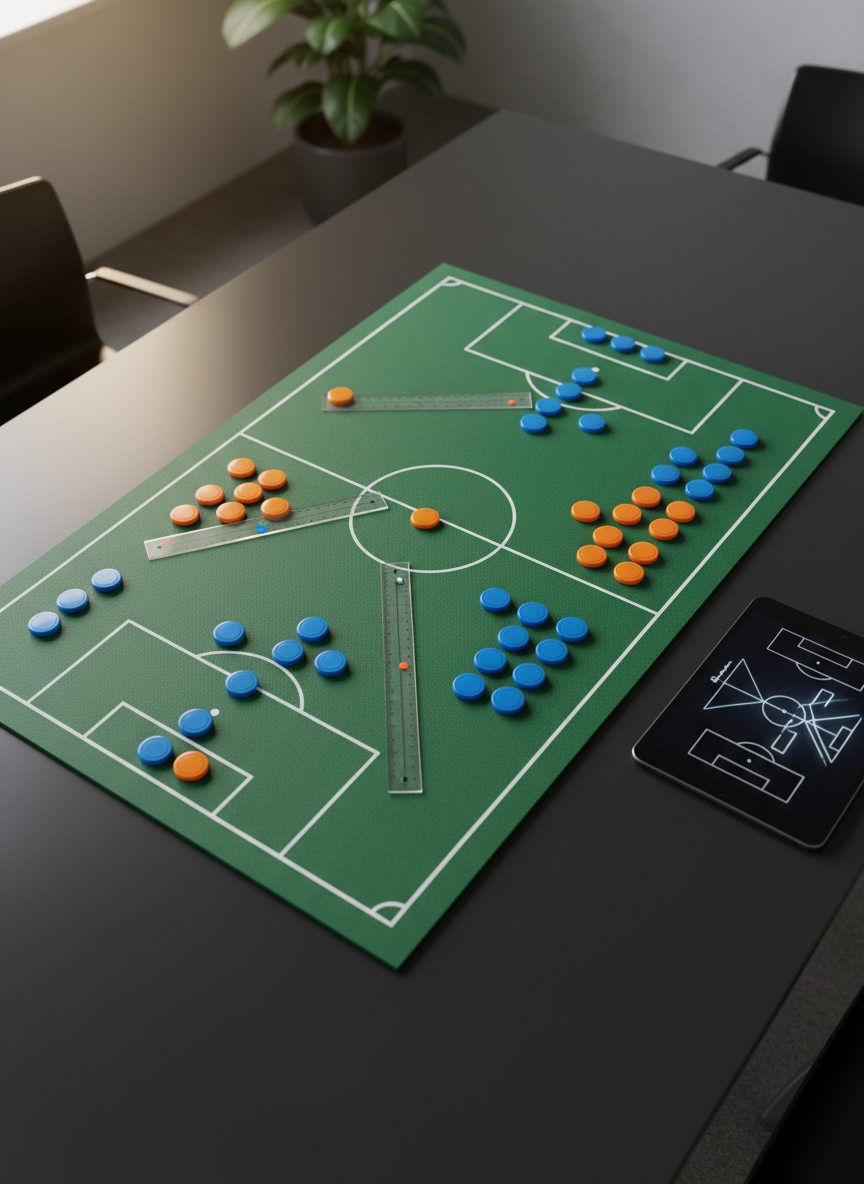 A close-up, high-resolution overhead view of a green tactical board modeled on a professional football pitch, placed on a dark matte table in a modern office. Magnetic markers in two contrasting team colors are arranged in complex positional patterns, with slim transparent rulers and a digital tablet nearby showing abstract pitch graphics without visible text. Soft, directional studio lighting from the left creates gentle shadows under the markers and a subtle sheen on the board’s surface. The background falls into a soft blur, keeping focus on structure and strategy. The mood is analytical and composed, conveying meticulous planning and insight-driven coaching for ambitious players, teams and clubs.