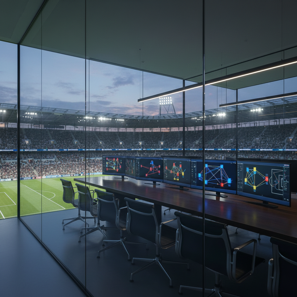 A sleek, glass-walled performance analysis room overlooking a professional football stadium, rendered in photographic realism. Inside, a long, dark wooden table supports multiple ultra-wide curved screens displaying heat maps, passing networks and tactical layouts as abstract blocks and lines, with no readable text. A row of high-end, ergonomic chairs faces the screens, implying collaborative strategy sessions. Cool daylight filters through the glass, mixed with subtle overhead LED strip lighting that creates refined reflections on metal and glass surfaces. Shot from a slightly elevated corner angle with sharp focus throughout, the composition emphasizes order, clarity and technical precision, evoking a sophisticated environment where elite teams and clubs turn data into competitive advantage.